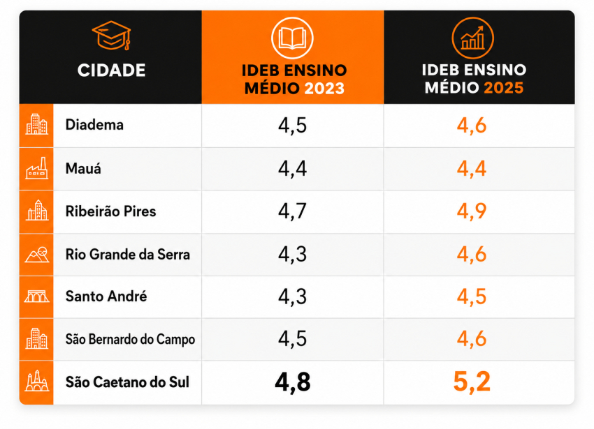 Ensino Médio da rede estadual avança em seis cidades do ABC no Ideb 2025