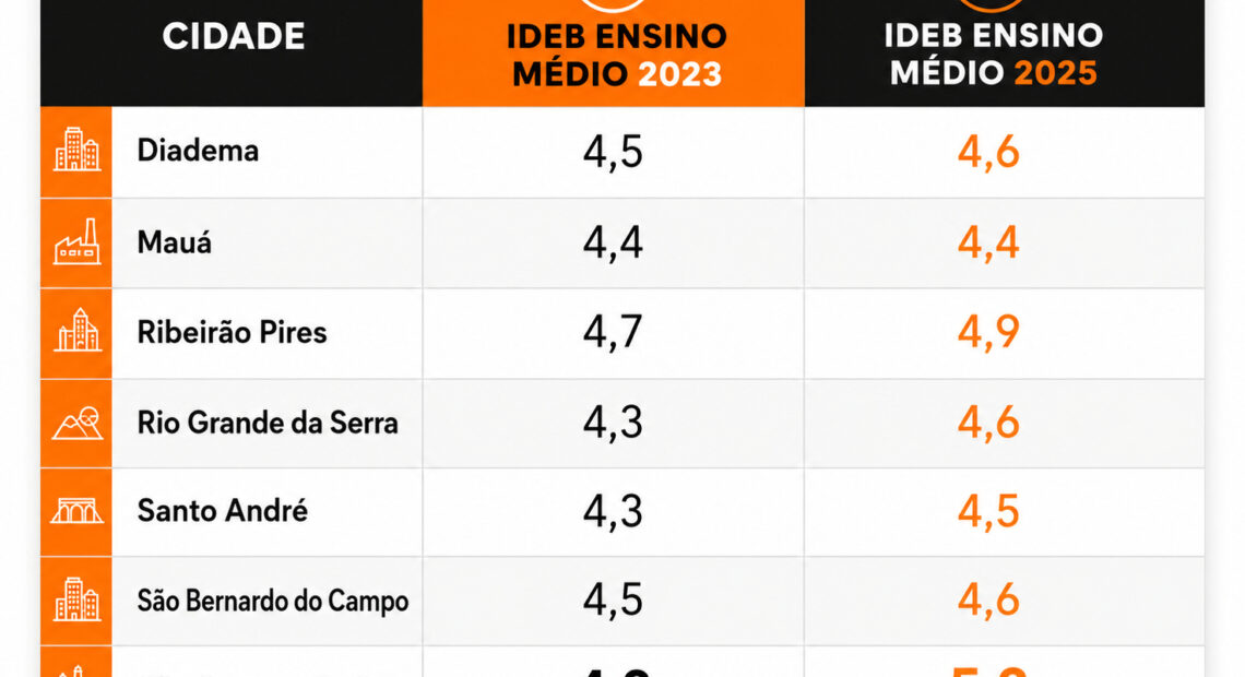 Ensino Médio da rede estadual avança em seis cidades do ABC no Ideb 2025