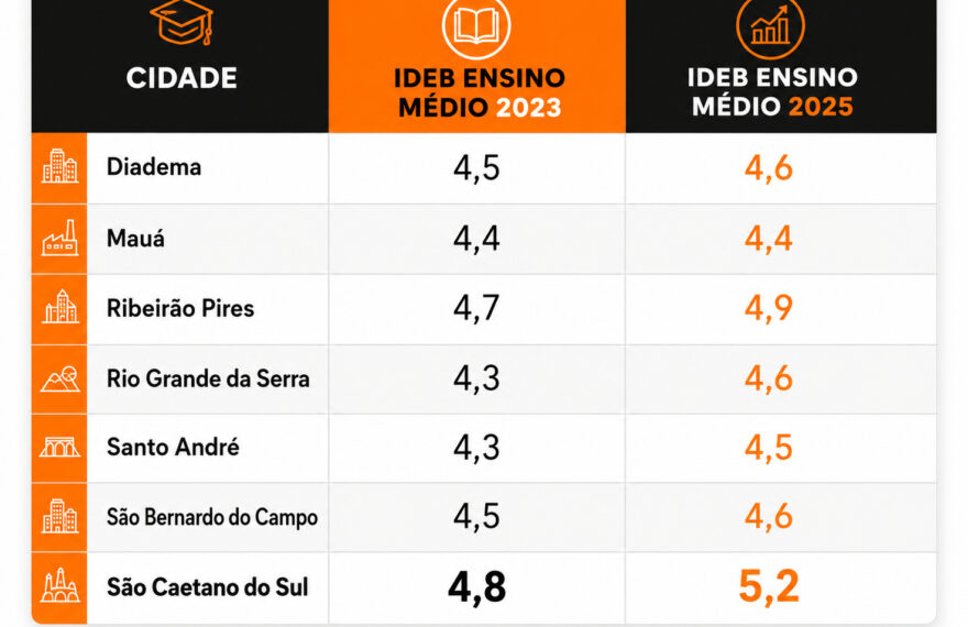 Ensino Médio da rede estadual avança em seis cidades do ABC no Ideb 2025